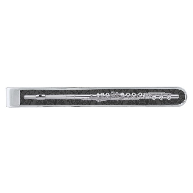 Silver Flute on Black Damask Silver Finish Tie Clip (Front)