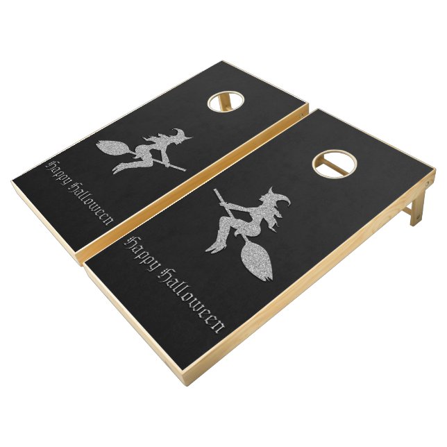 Silver Flying Witch Halloween Cornhole Set (Angled)