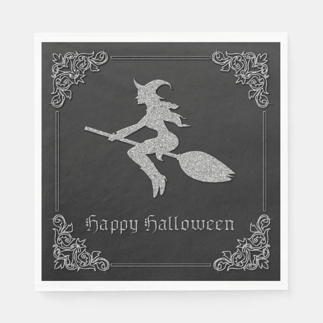 Silver Flying Witch Halloween Napkins (Front)