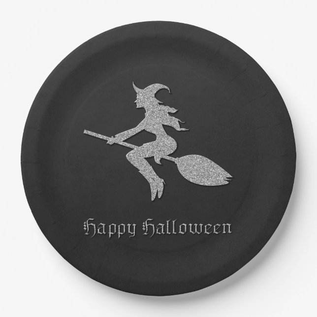 Silver Flying Witch Halloween Paper Plates (Front)