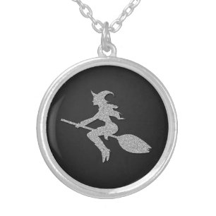 Silver Flying Witch Halloween Plated Necklace