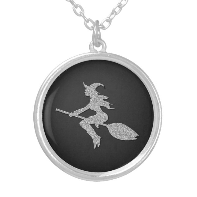 Silver Flying Witch Halloween Plated Necklace (Front)