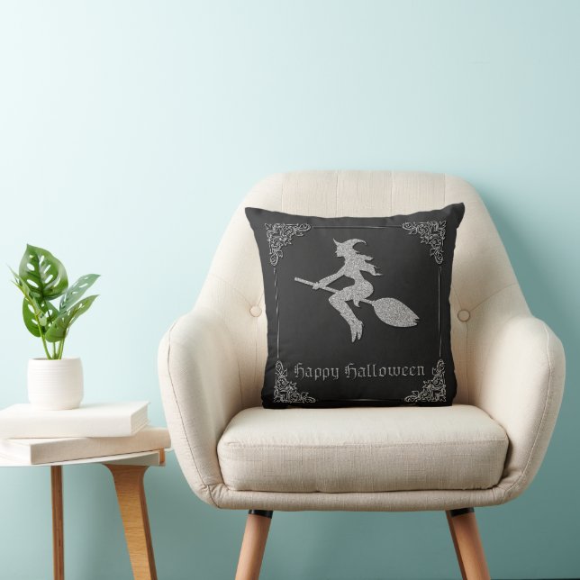 Silver Flying Witch Halloween Throw Pillow (Chair)