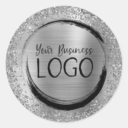 Silver Foil and Glitter Glam Business Logo Classic Round Sticker