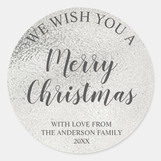 Silver Foil and Gray Script Merry Christmas Classic Round Sticker (Front)