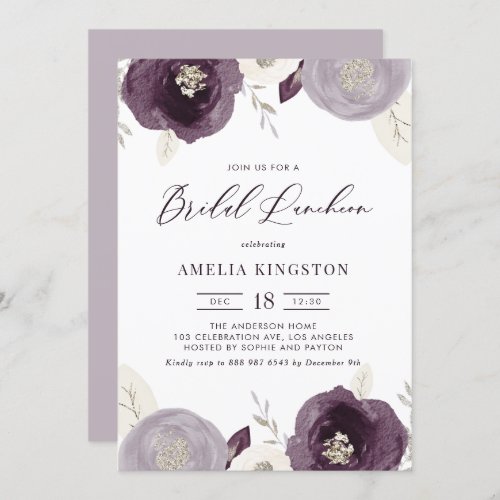 Silver Foil and Purple Flowers Bridal Luncheon Invitation