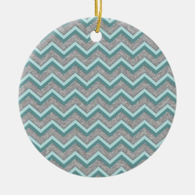 Silver Foil and Teal ZigZag Ceramic Ornament (Front)
