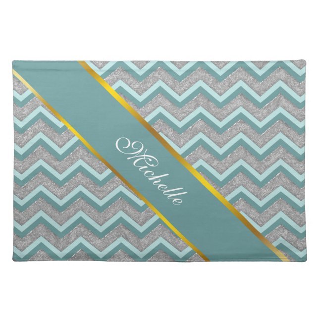 Silver Foil and Teal ZigZag Cloth Placemat (Front)