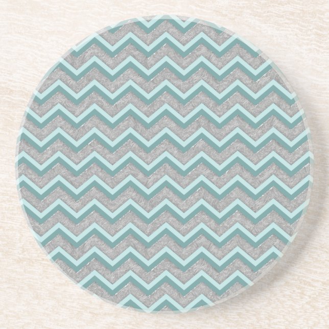 Silver Foil and Teal ZigZag Drink Coaster (Front)