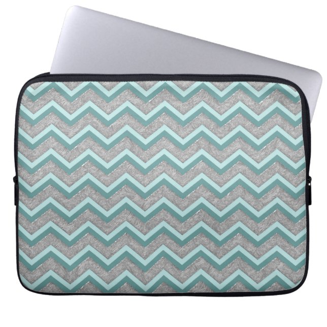 Silver Foil and Teal ZigZag Laptop Sleeve (Front)