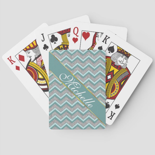 Silver Foil and Teal ZigZag Poker Cards (Back)
