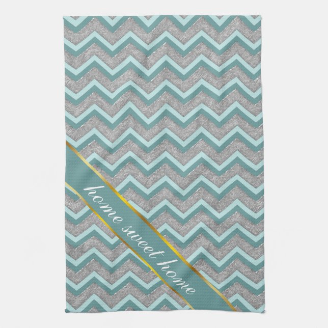 Silver Foil and Teal ZigZag Towel (Vertical)