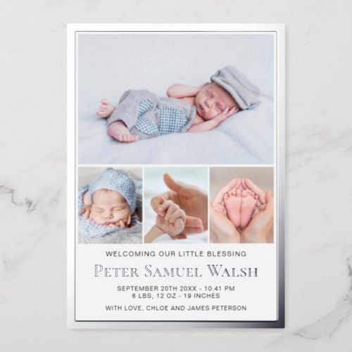 Silver Foil Baby Boy Birth Announcement Photo Card