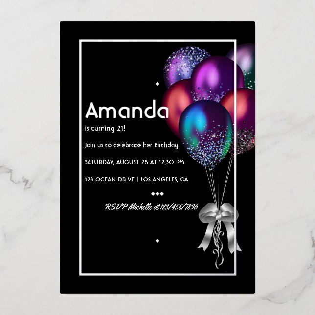 Silver Foil Balloon Birthday Invitation (Front)