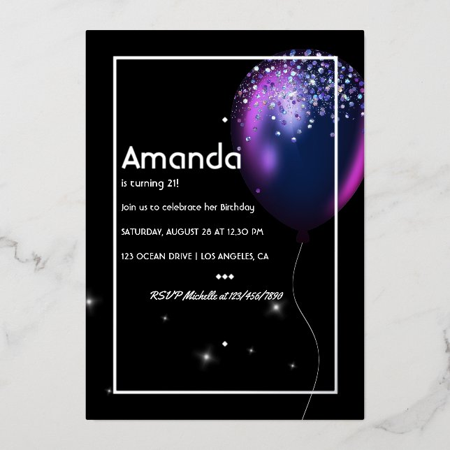 Silver Foil Balloon Birthday Invitation Foil Invit Foil Invitation (Front)