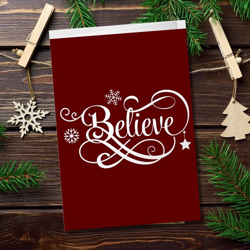 Silver Foil Believe Red Christmas Holiday Card