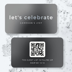 Silver Foil Birthday Mini Invitation QR Code Gray Business Cards