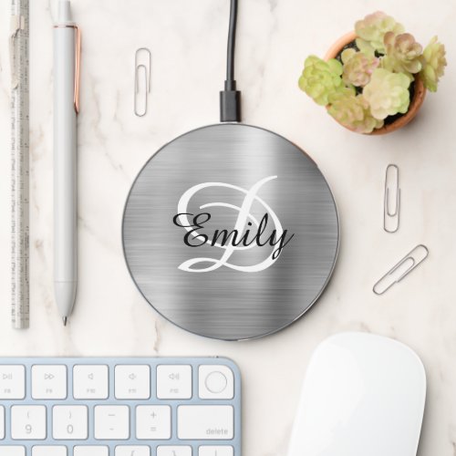Silver Foil Black and White Modern Monogram Wireless Charger