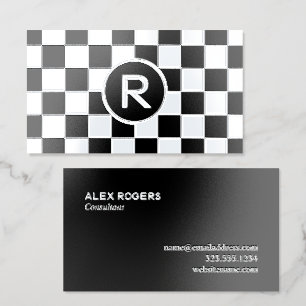 Silver Foil Black Checkered Custom Monogram Business Cards