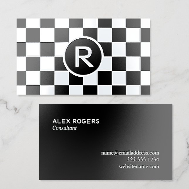 Silver Foil Black Checkered Custom Monogram Business Cards (Front & Back)
