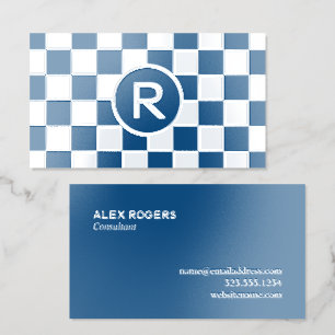 Silver Foil Blue Checkered Custom Monogram Business Cards