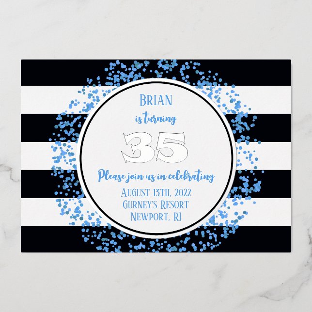 Silver Foil Blue Dot 35th Birthday Invitation Foil Foil Invitation (Front)