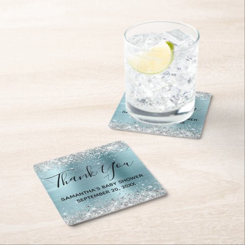 Silver Foil Blue Foil Baby Shower Thank You Square Paper Coaster