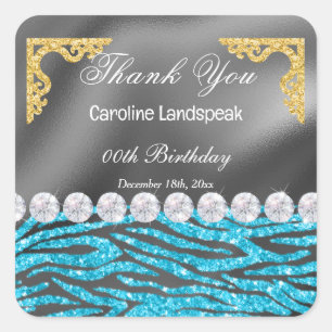 Silver Foil & Blue Glitter Zebra Print Birthday Square Sticker