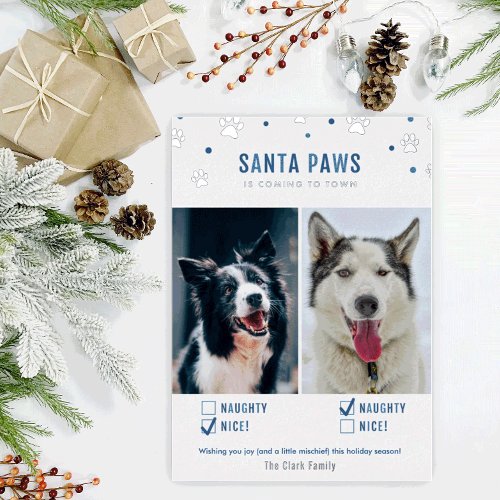 Silver Foil  Blue Santa Paws Two Dog Photo Card