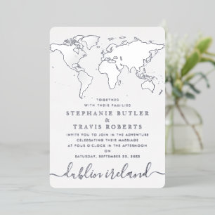 Silver Foil Blue World Map Destination Wedding  Foil Invitation