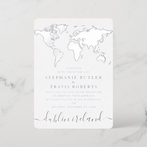  Silver Foil Blue World Map Destination Wedding  Foil Invitation