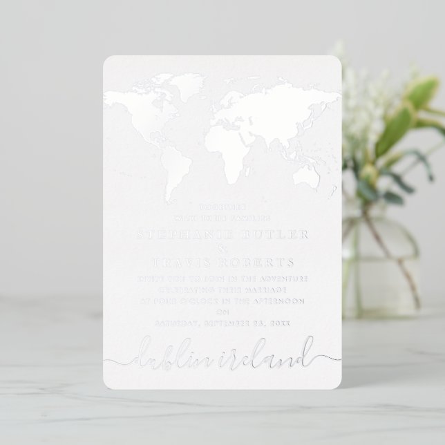  Silver Foil Blue World Map Destination Wedding  Foil Invitation (Standing Front)