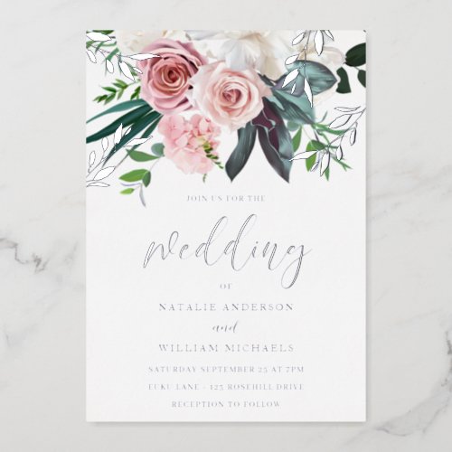 Silver Foil  Blush Floral Wedding Foil Invitation