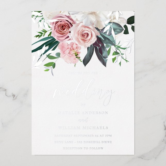 Silver Foil & Blush Floral Wedding Foil Invitation (Front)