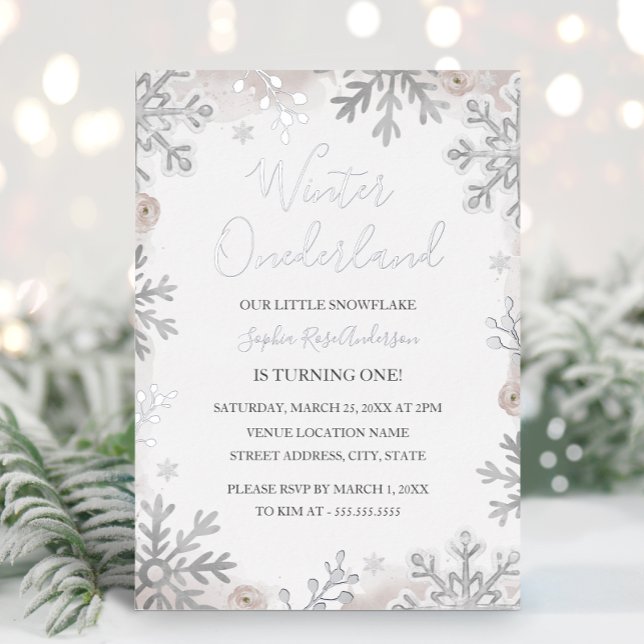 SILVER FOIL Blush Winter Onederland 1st Birthday  Foil Invitation (Creator Uploaded)