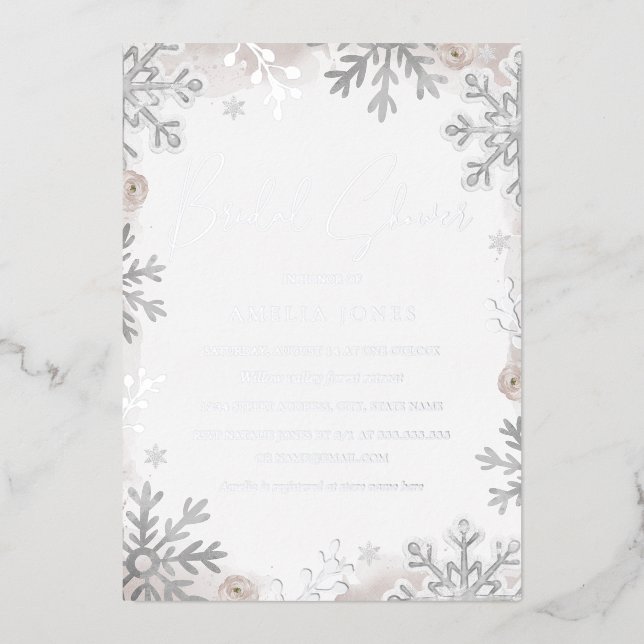 SILVER FOIL Blush Winter Snowflake Bridal Shower  Foil Invitation (Front)