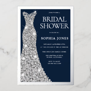 Silver Foil Border Wedding Dress Bridal Shower Invitation