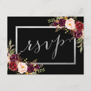 Silver Foil Burgundy Floral Black Wedding RSVP Postcard