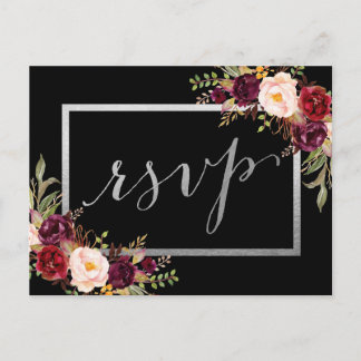 Silver Foil Burgundy Floral Black Wedding RSVP Postcard