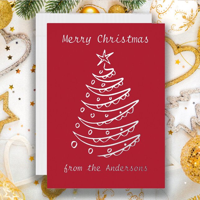 Silver Foil Christmas Tree Red   Foil Holiday Card (Red custom Christmas greeting card with a real silver foil Christmas tree.)