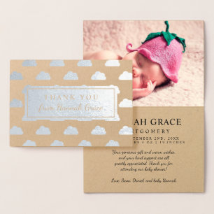 Silver Foil Clouds Baby Shower Photo Thank You Card