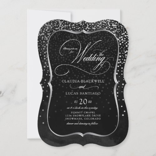 Silver Foil Confetti Black White Wedding Invitation