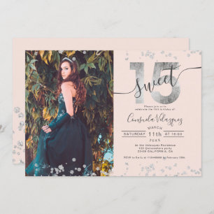 Silver foil confetti photo blush Quinceanera Invitation