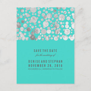 Silver Foil Confetti Teal Save the Date Announcement Postcard