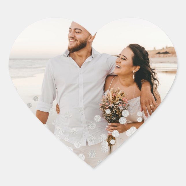 Silver Foil Confetti Wedding Photo Heart Sticker (Front)