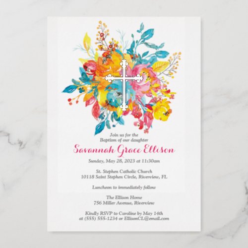 Silver Foil Cross with Watercolor Flowers Baptism Foil Invitation