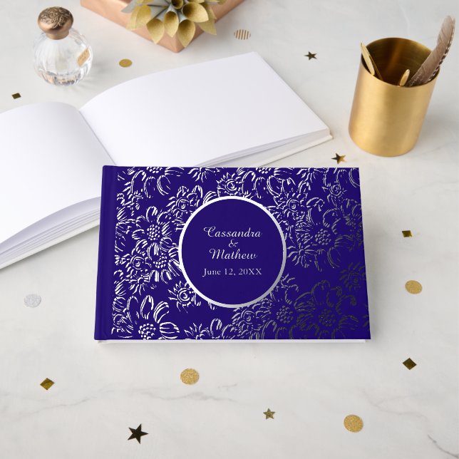 Silver Foil Daisies Floral Royal Blue Wedding Foil Guest Book (Front Open)