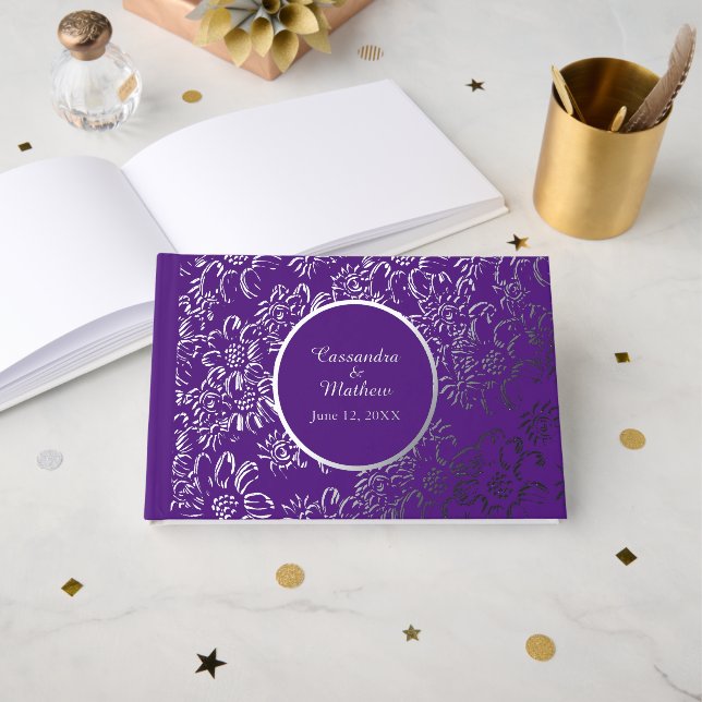 Silver Foil Daisies Floral Royal Purple Wedding Guest Book (Front Open)