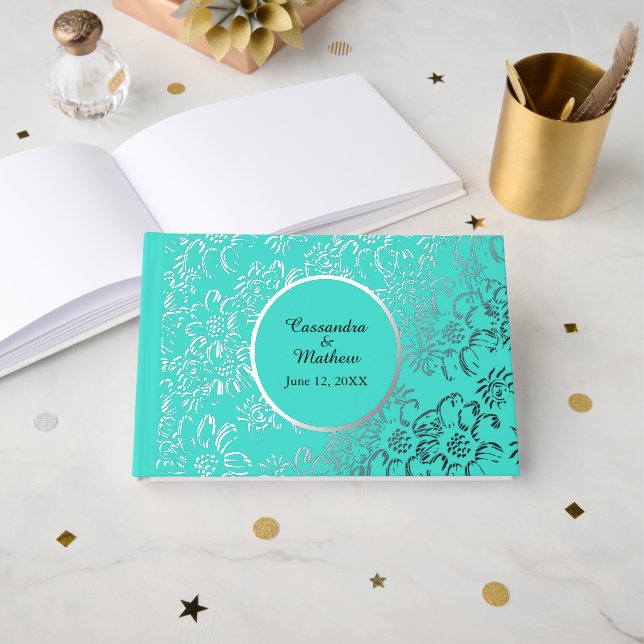 Silver Foil Daisies Floral Turquoise Wedding Guest Book (Front Open)