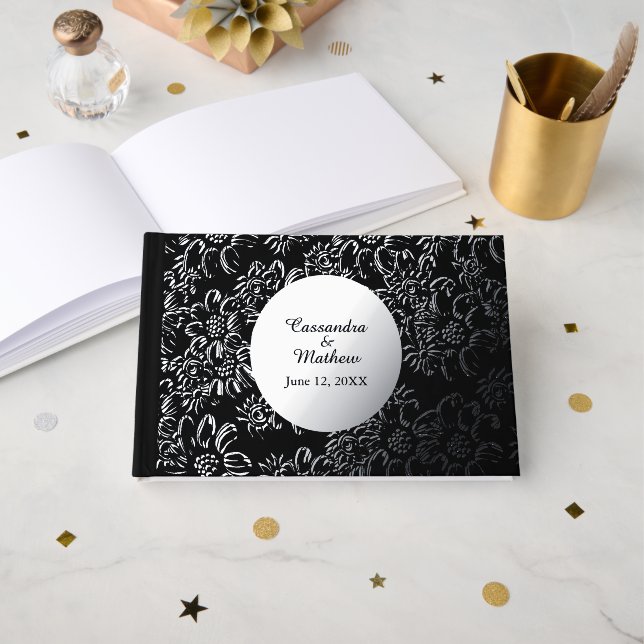 Silver Foil Daisies Romantic Floral Black Wedding Guest Book (Front Open)